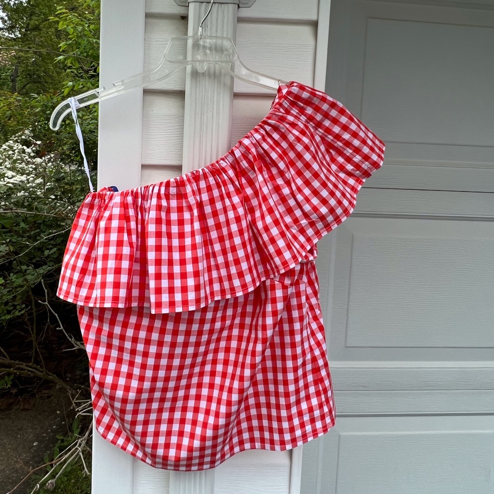 NWT J. Crew Fun Orange White Gingham Check Ruffle Neck One Shoulder Blouse